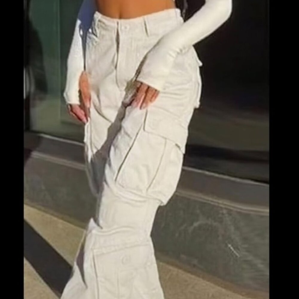 High Waisted Cargo Jeans (Amazon), White, Size S